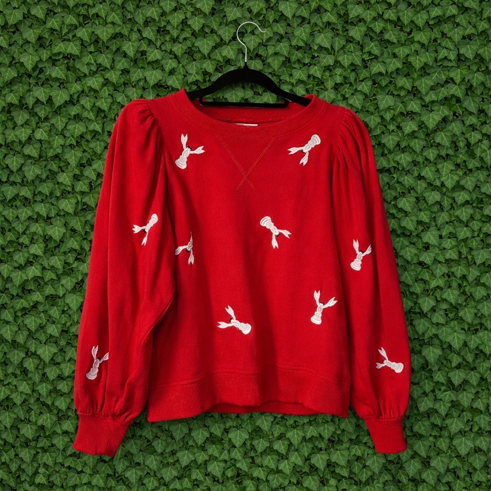JODIFL Red Crawfish Embroidered Top | Puff Sleeve | S/M | NWOT